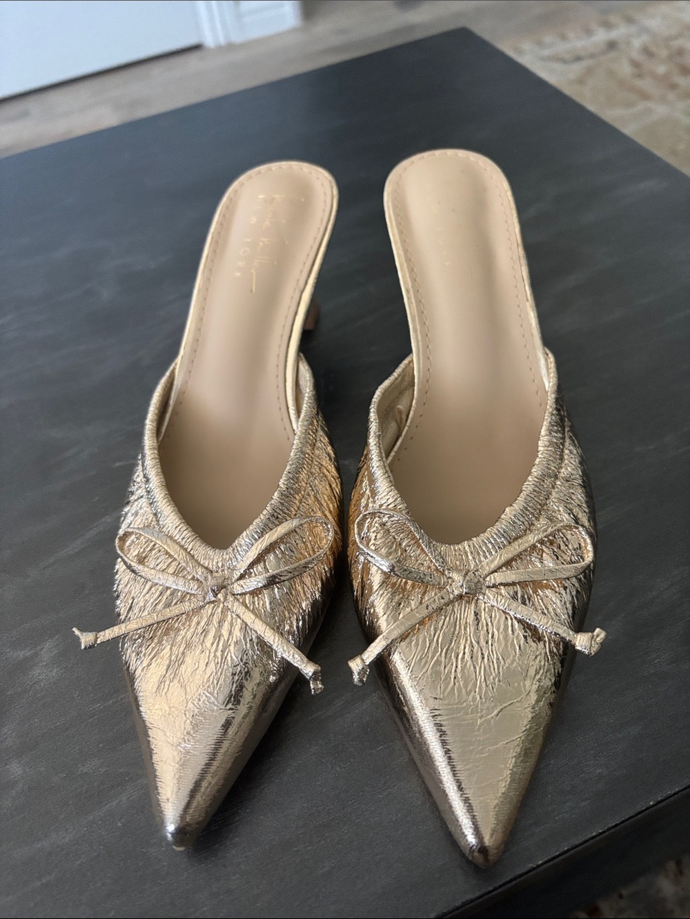 Metallic Pointed Slip-On Mules with Bow Detail - Gold